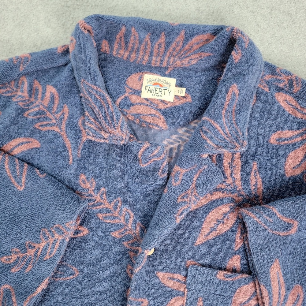 Faherty Cabana Terry Towel Shirt Men's Large Navy Blue Floral Short Sleeve Beach